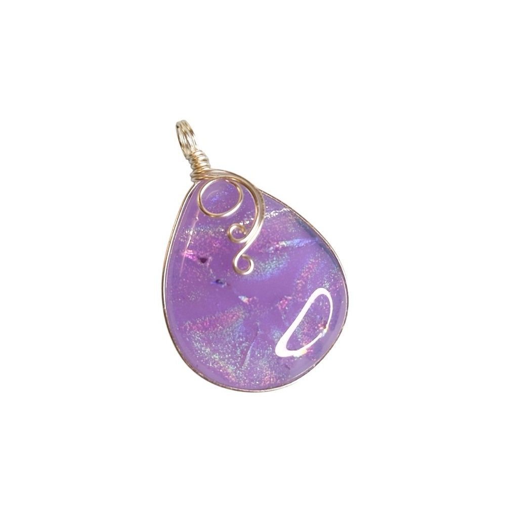Vintage Purple Iridescent Art Glass Wire Wrapped Silver Tone Pendant